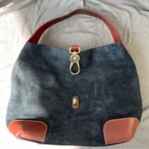 Dooney & Bourke BLACK SUEDE BRITISH TAN VACCHETTA Logo Lock Hobo ~PROJECT BAG